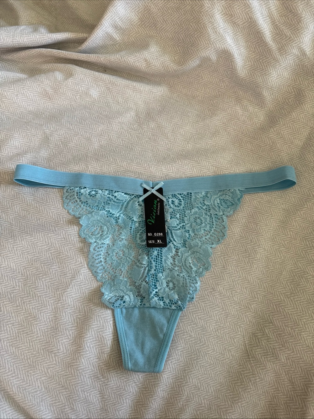 New Vision Intimates Sexy Lace Blue Thong Panties Size XL Elastic Top G-String